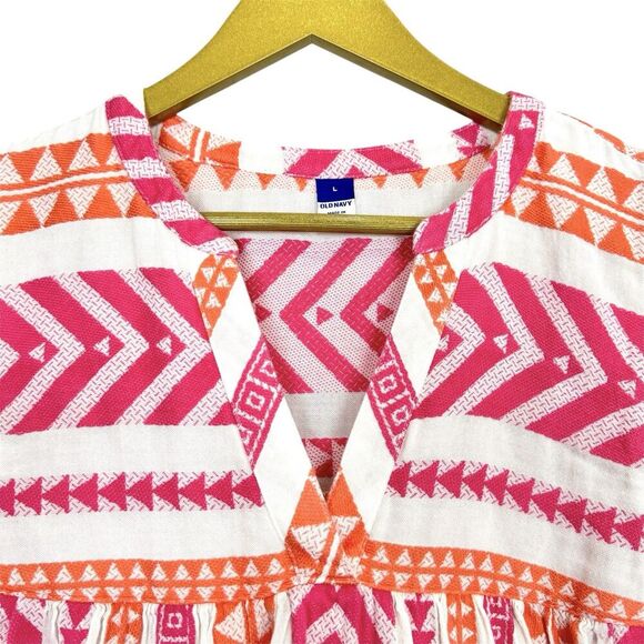 Old Navy Western Short Sleeve Textured V-Neck Tunic Size L Navajo Pink Orange - Picture 3 of 7